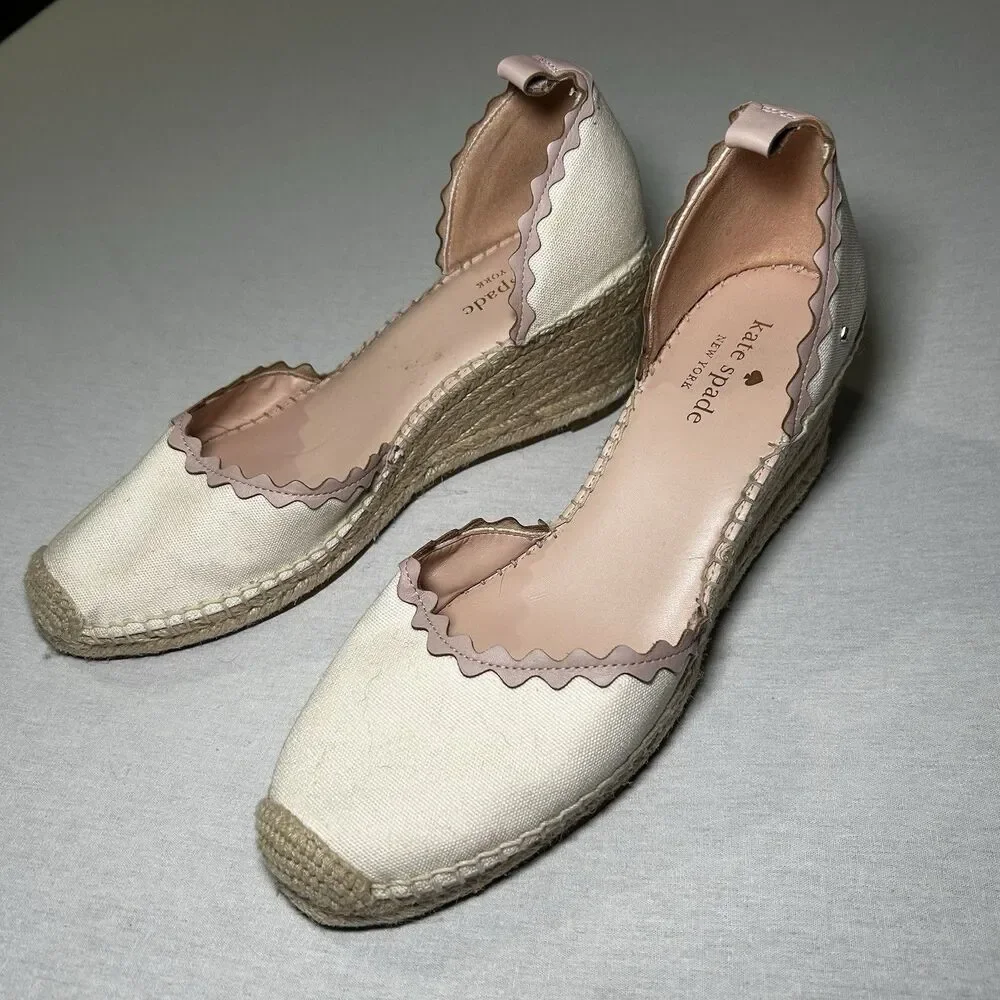 Kate Spade Cream Canvas Espadrille Wedges Scalloped Leather Trim Size 10